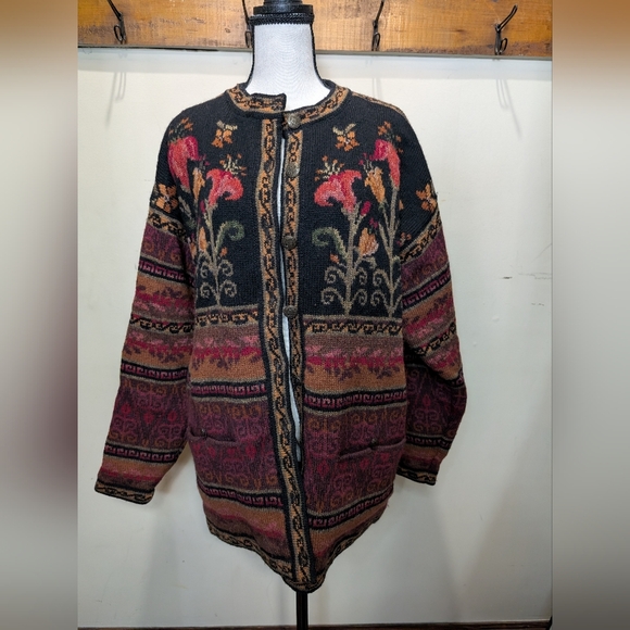 Vintage Icelandic Design Wool Floral Sweater Jacket Nordic 100% Shetland Wool - Picture 2 of 15